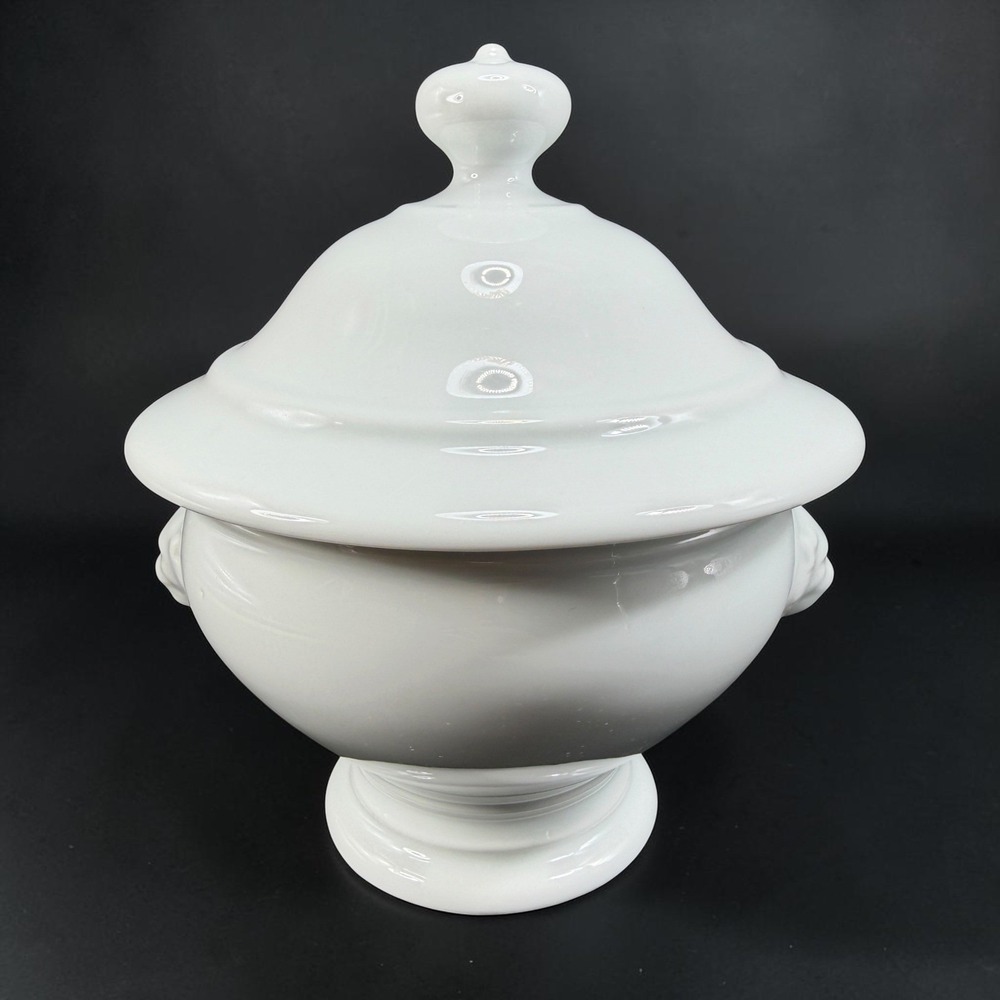 Apilco France White Porcelain Lion Head Dish w Lid Footed Bowl Container Jar